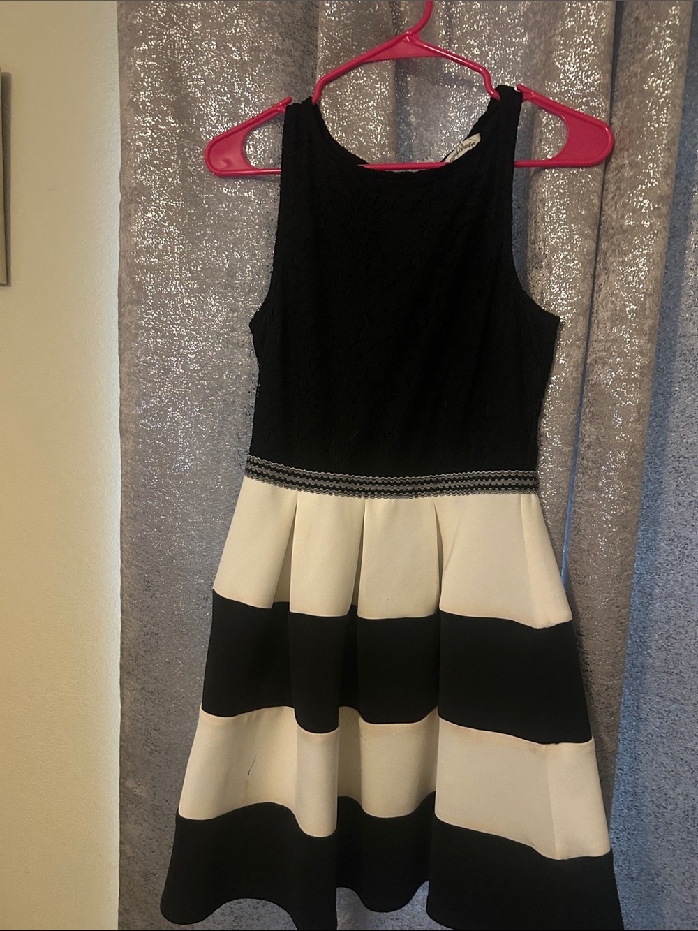 Girls Black and Cream Striped Fit-and-Flare Dress